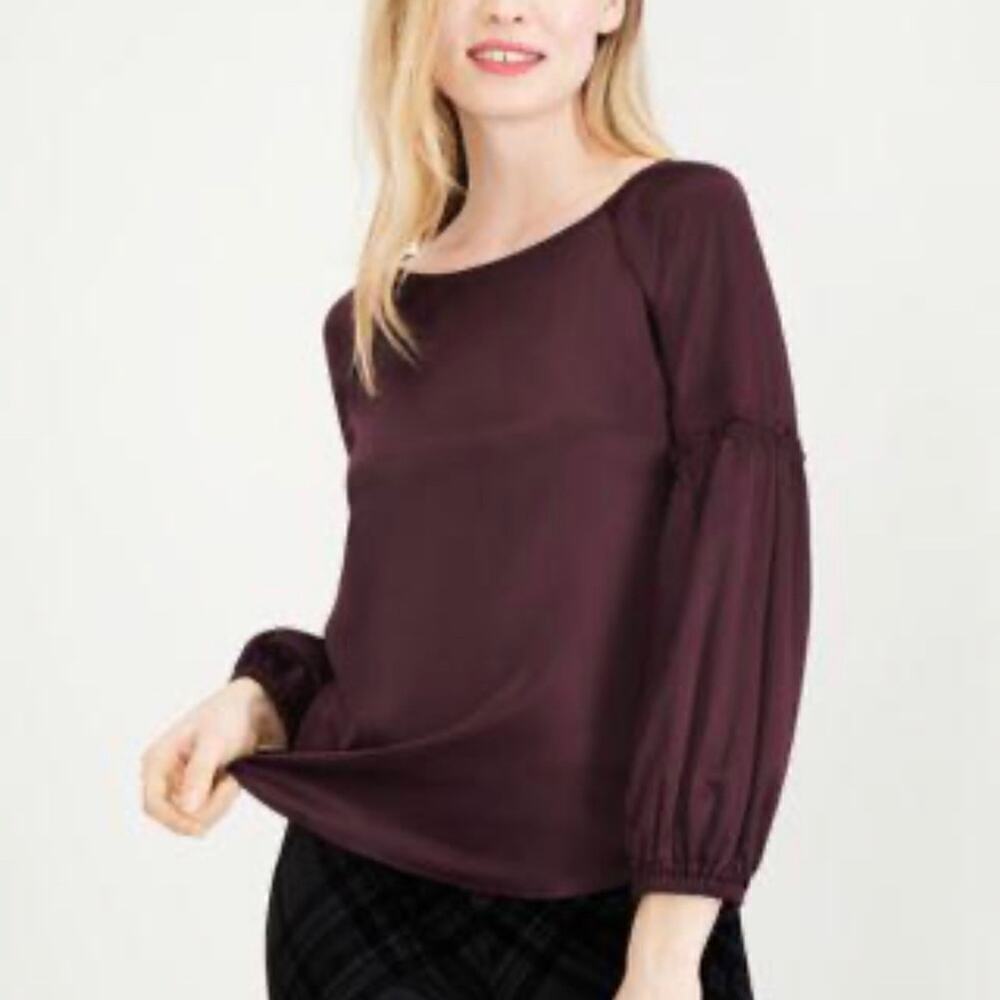 Maison Jules Women’s Boat Neck Balloon Sleeve Charmeuse Blouse Burgundy Sz XXS